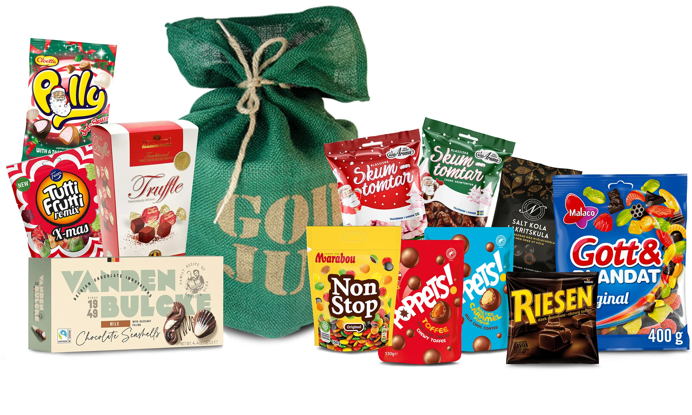 Grön God Jul Säck fylld med godis 1765g